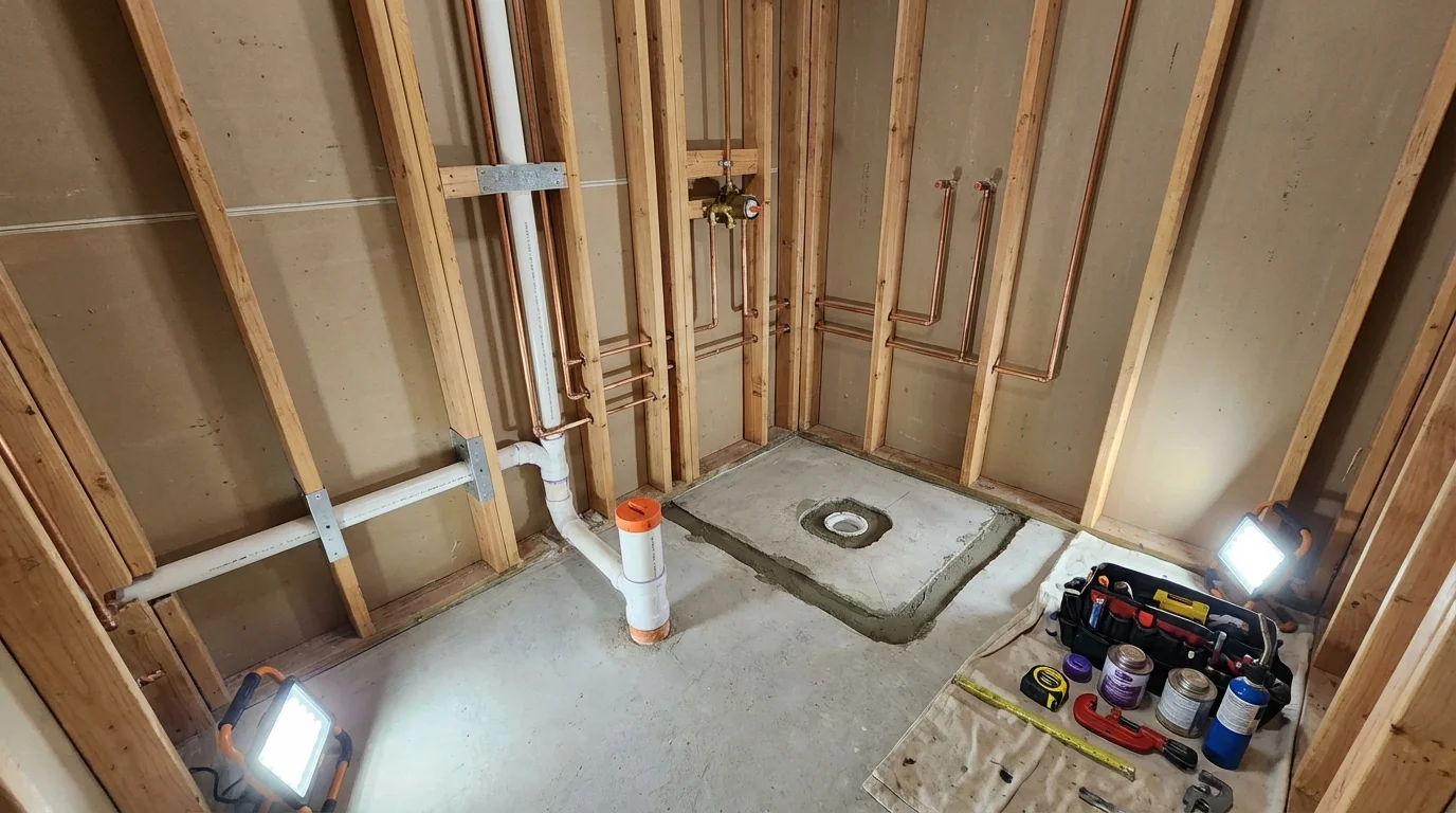 Bathroom rough-in plumbing during remodel by Johns Plumbing LLC in Waldport