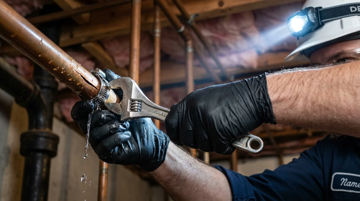Emergency pipe clamp repair being performed by a Johns Plumbing LLC plumber in Waldport