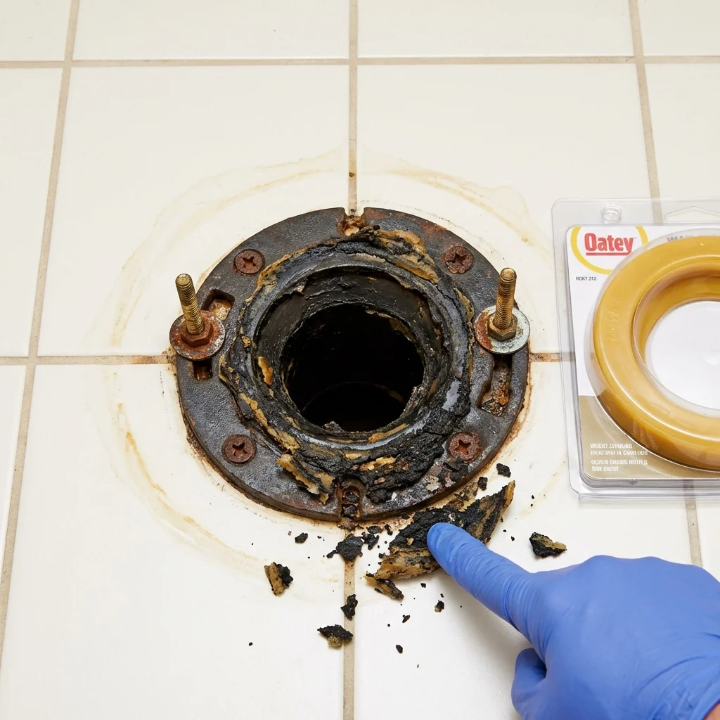 Failed wax ring showing water seepage at the base of a toilet in a Waldport, OR home