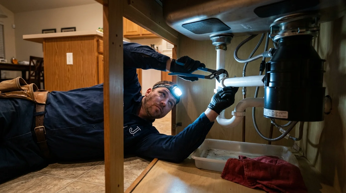 P-trap and supply line connections under a kitchen sink showing a common leak point in Waldport, OR